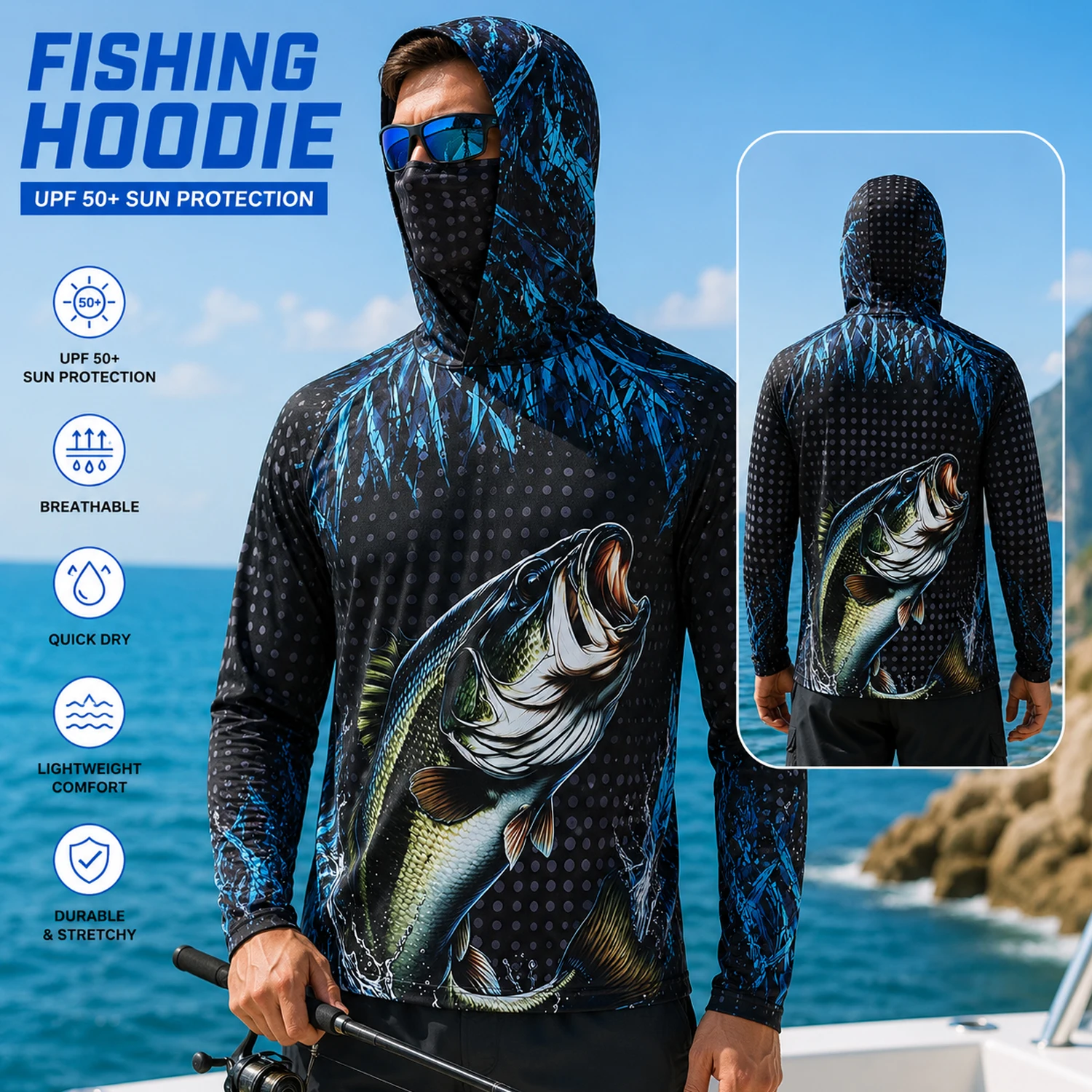 Men UPF50+ Fishing Hoodie with - Fishing Mask Sun Protection recension och pris